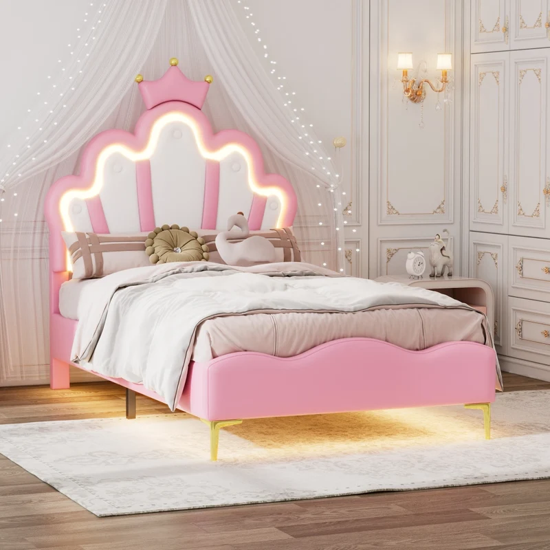 Letto principessa rosa 90x200 cm con testiera a corona; imbottitura in ecopelle PU e luci LED