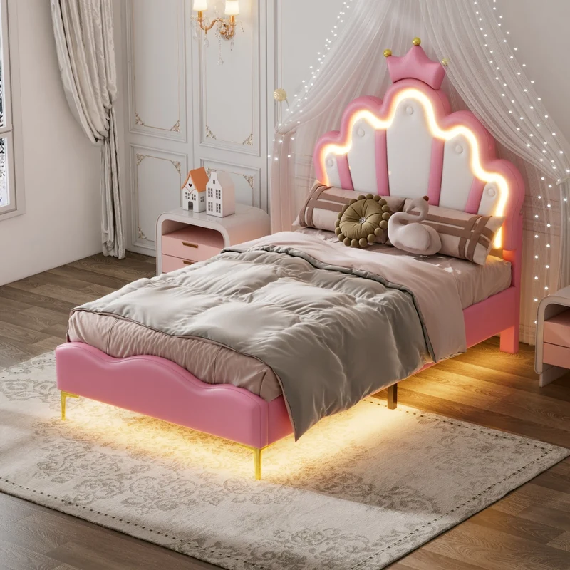Letto principessa rosa 90x200 cm con testiera a corona; imbottitura in ecopelle PU e luci LED