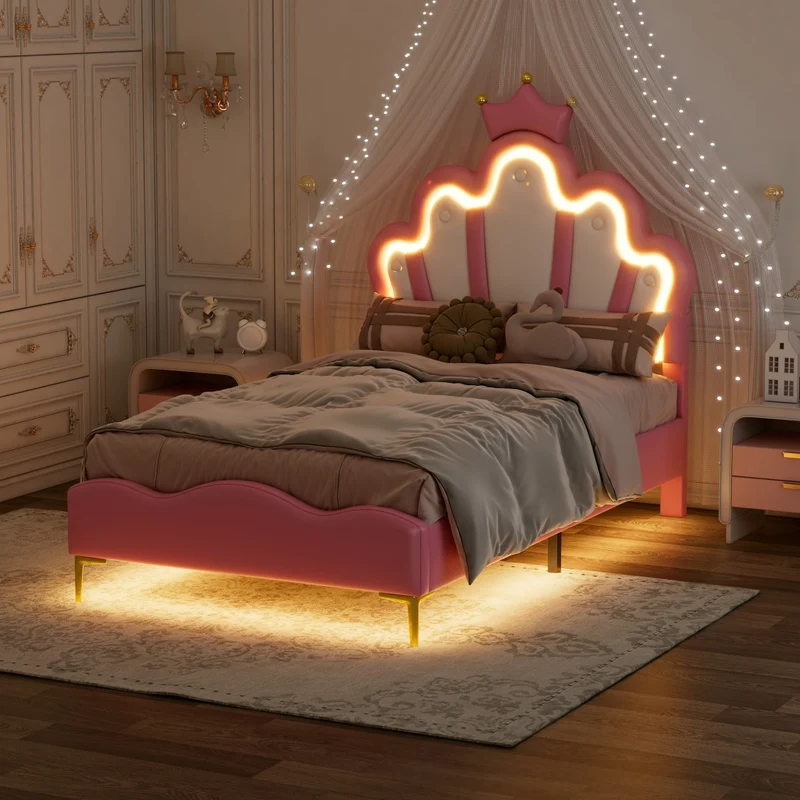 Letto principessa rosa 90x200 cm con testiera a corona; imbottitura in ecopelle PU e luci LED