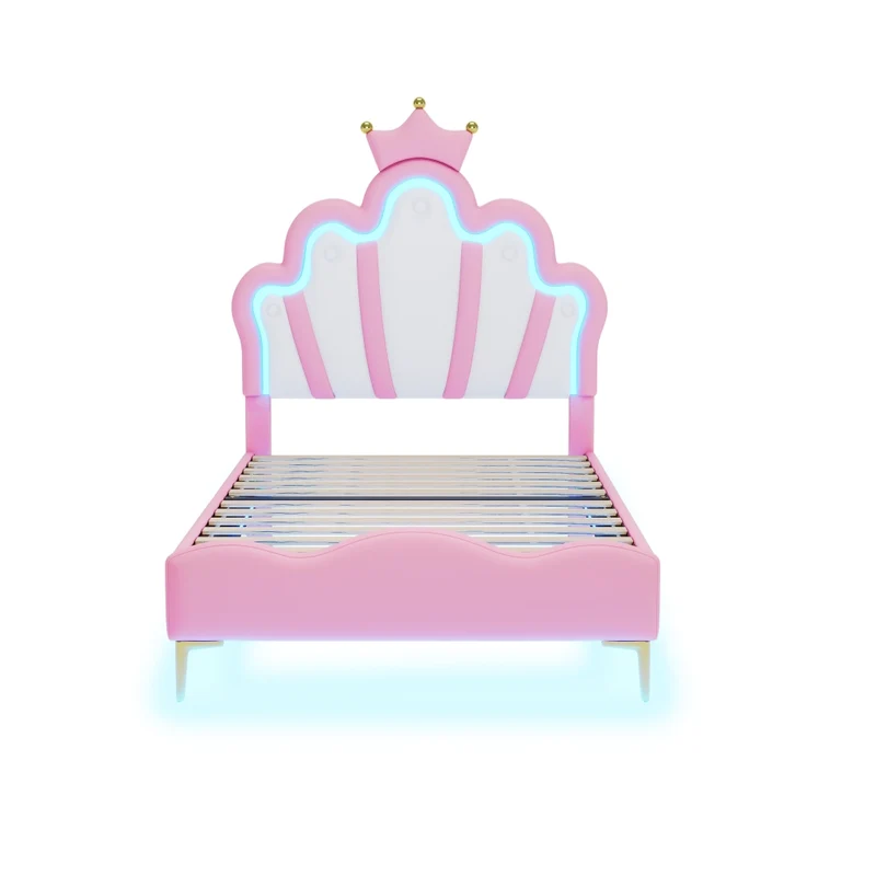 Letto principessa rosa 90x200 cm con testiera a corona; imbottitura in ecopelle PU e luci LED