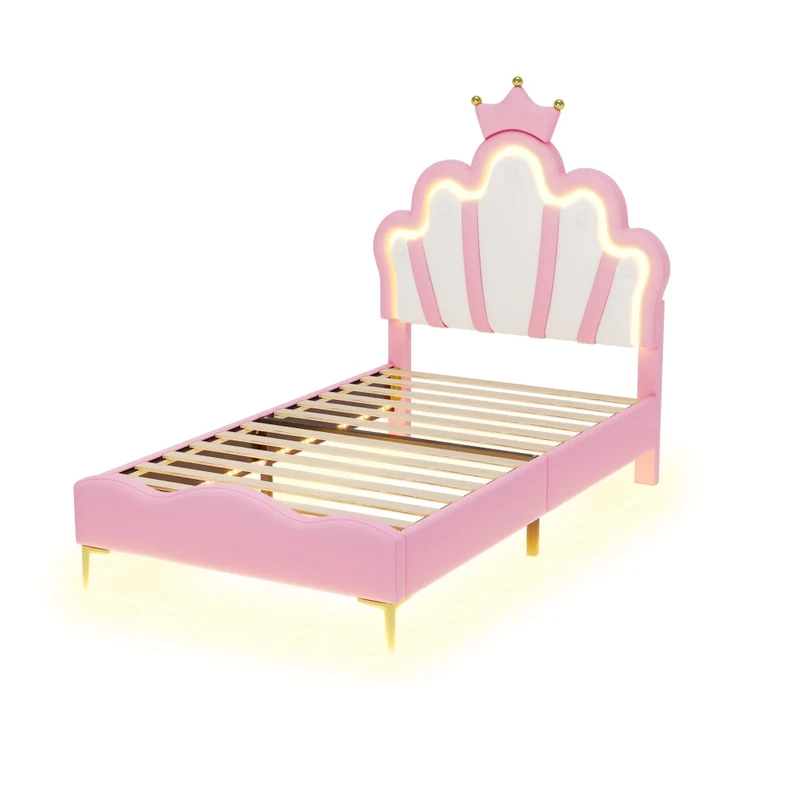 Letto principessa rosa 90x200 cm con testiera a corona; imbottitura in ecopelle PU e luci LED