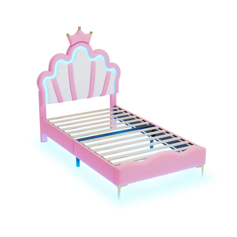 Letto principessa rosa 90x200 cm con testiera a corona; imbottitura in ecopelle PU e luci LED