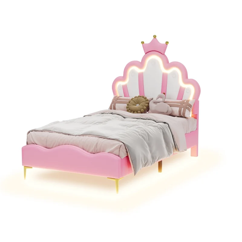 Letto principessa rosa 90x200 cm con testiera a corona; imbottitura in ecopelle PU e luci LED