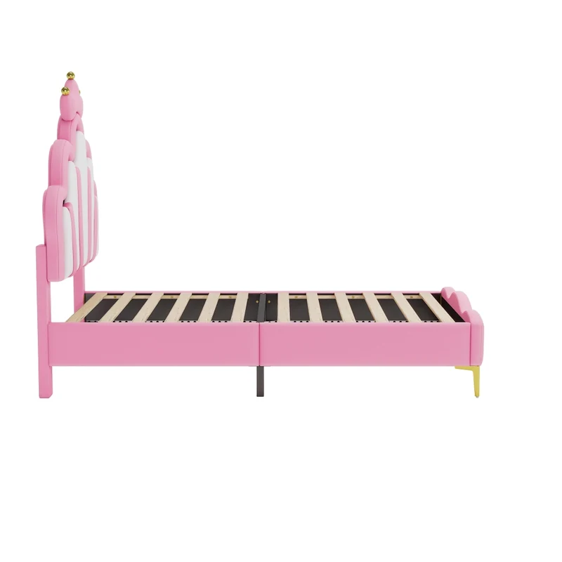 Letto principessa rosa 90x200 cm con testiera a corona; imbottitura in ecopelle PU e luci LED