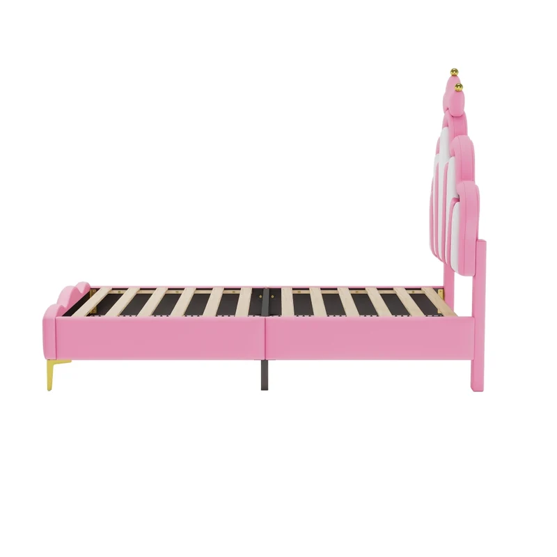 Letto principessa rosa 90x200 cm con testiera a corona; imbottitura in ecopelle PU e luci LED