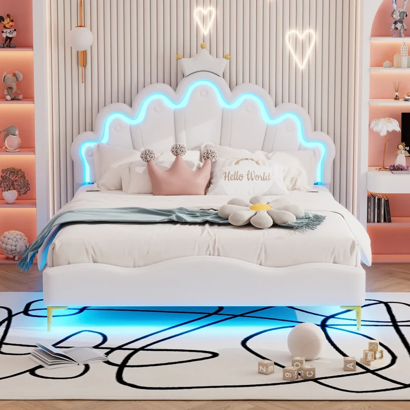 Letto matrimoniale 140x200 cm con testiera a nuvola; corona e luci LED; bianco