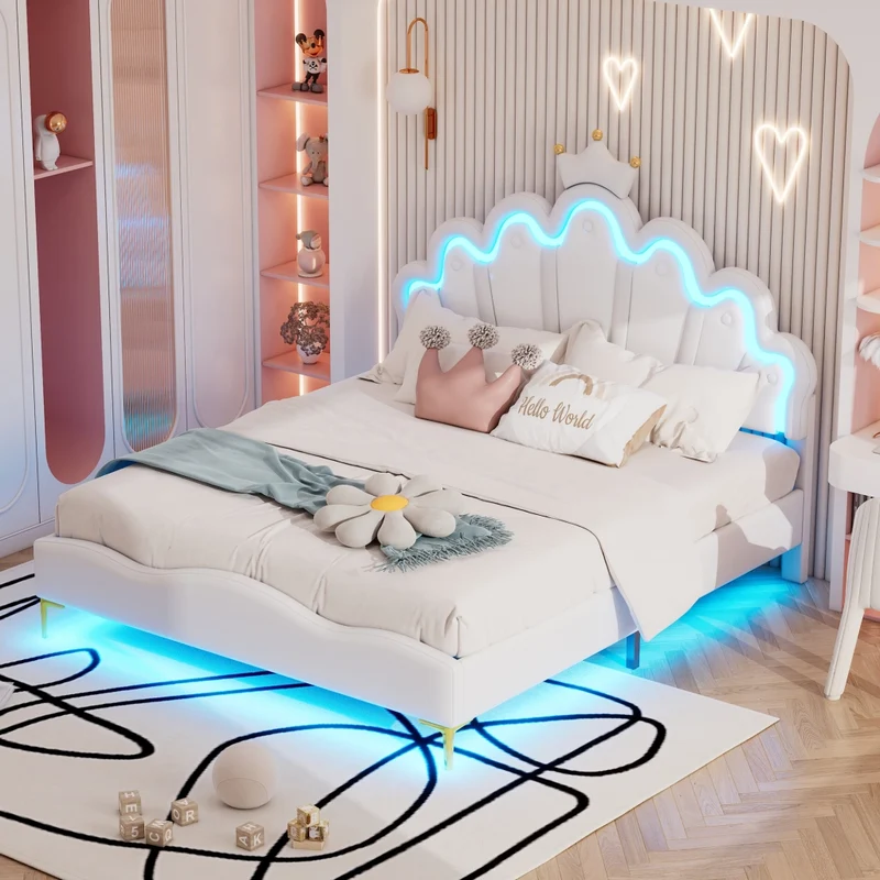 Letto matrimoniale 140x200 cm con testiera a nuvola; corona e luci LED; bianco