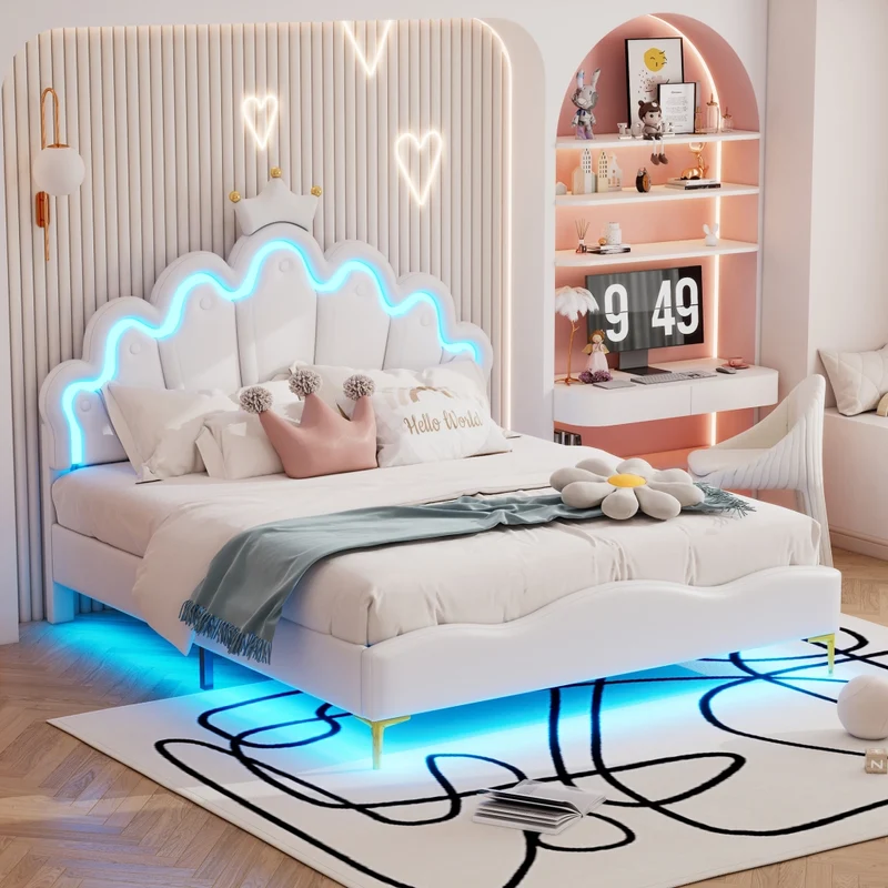 Letto matrimoniale 140x200 cm con testiera a nuvola; corona e luci LED; bianco