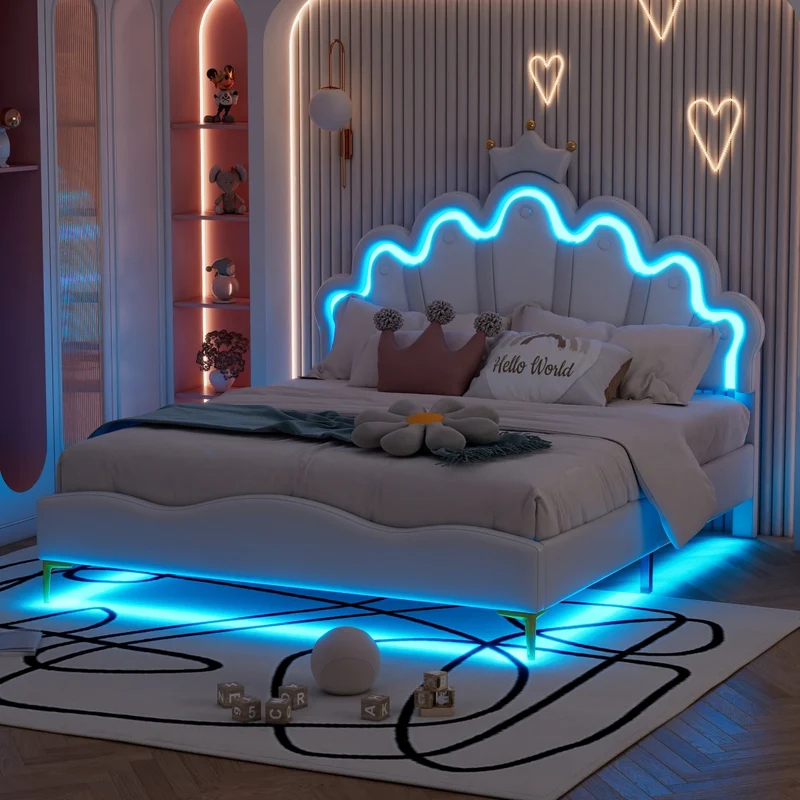 Letto matrimoniale 140x200 cm con testiera a nuvola; corona e luci LED; bianco