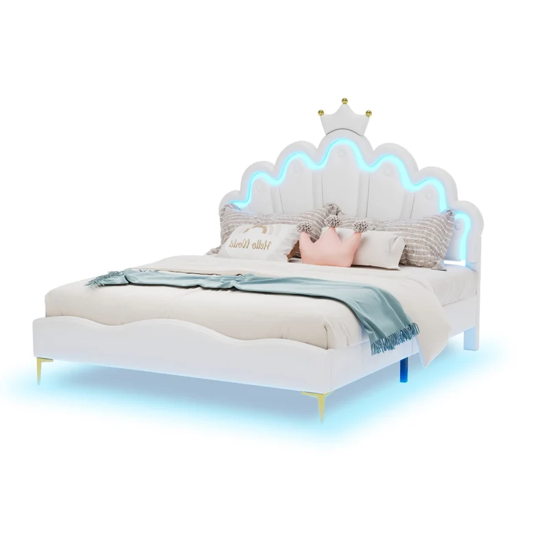 Letto matrimoniale 140x200 cm con testiera a nuvola; corona e luci LED; bianco