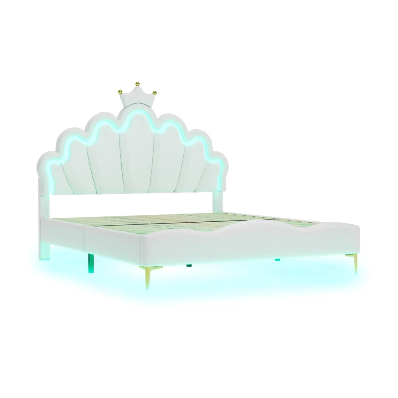 Letto matrimoniale 140x200 cm con testiera a nuvola; corona e luci LED; bianco