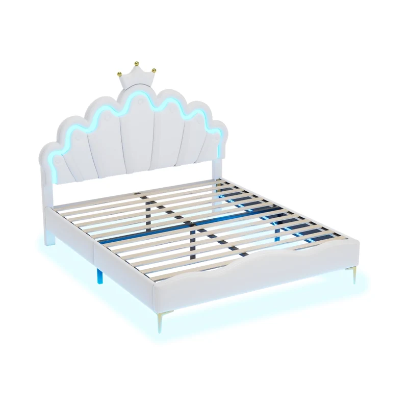 Letto matrimoniale 140x200 cm con testiera a nuvola; corona e luci LED; bianco