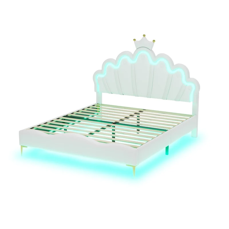 Letto matrimoniale 140x200 cm con testiera a nuvola; corona e luci LED; bianco