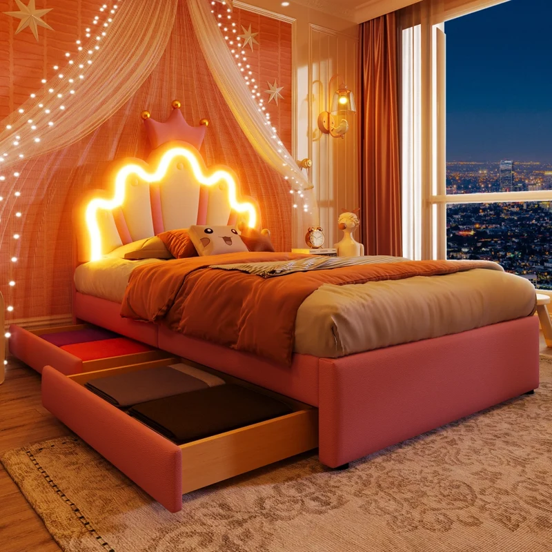 Letto per bambini 90x200 cm imbottito rosa a forma di corona con luci LED