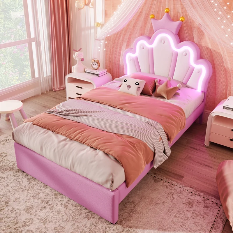 Letto per bambini 90x200 cm imbottito rosa a forma di corona con luci LED