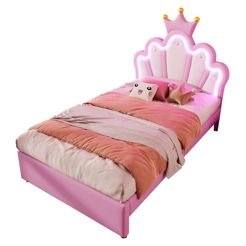 Letto per bambini 90x200 cm imbottito rosa a forma di corona con luci LED