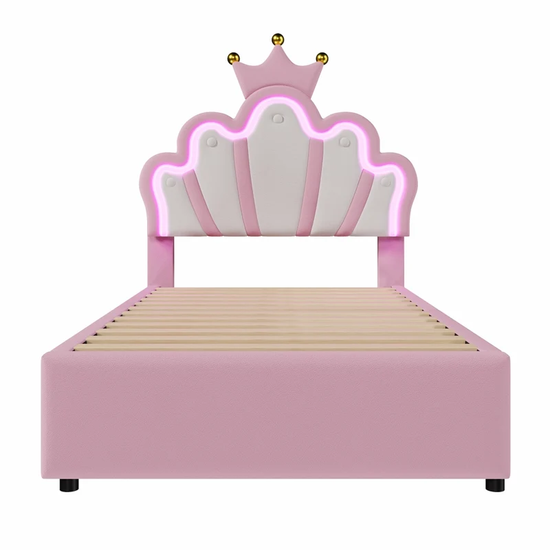 Letto per bambini 90x200 cm imbottito rosa a forma di corona con luci LED