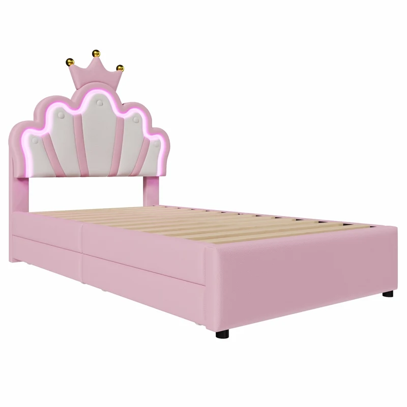 Letto per bambini 90x200 cm imbottito rosa a forma di corona con luci LED