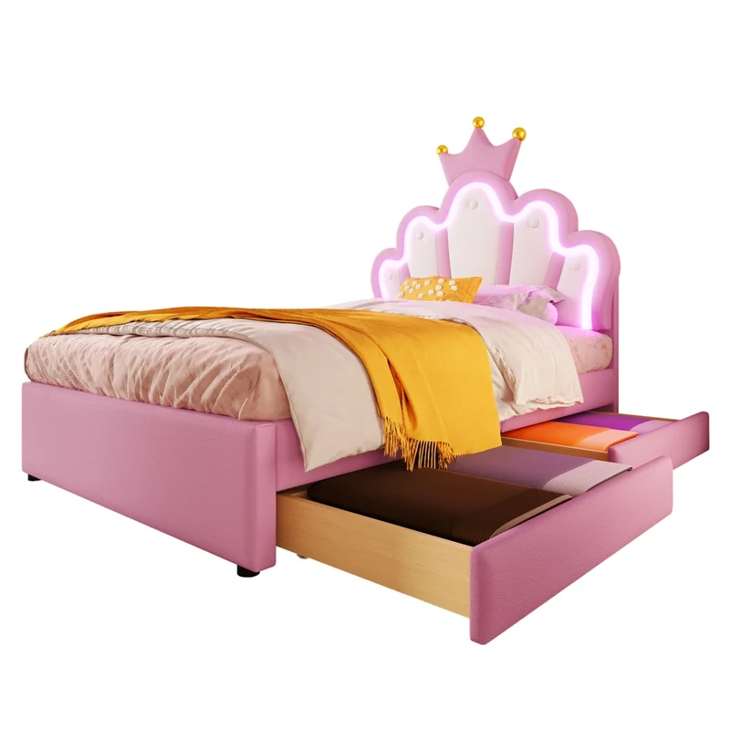 Letto per bambini 90x200 cm imbottito rosa a forma di corona con luci LED