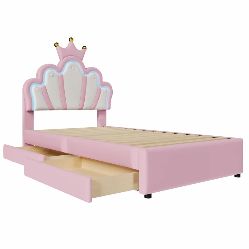 Letto per bambini 90x200 cm imbottito rosa a forma di corona con luci LED