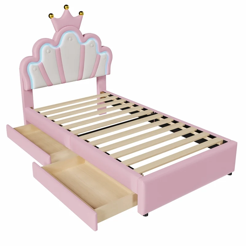 Letto per bambini 90x200 cm imbottito rosa a forma di corona con luci LED