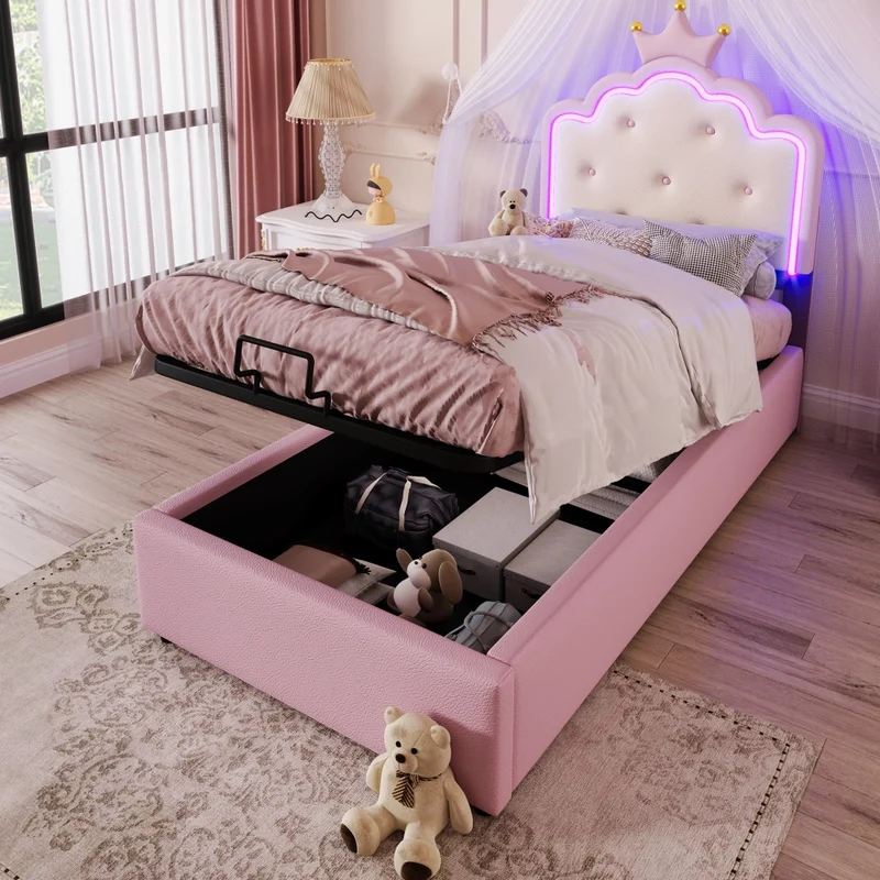 Letto per bambini 90x200 cm imbottito rosa con rete a doghe; contenitore idraulico e luce LED