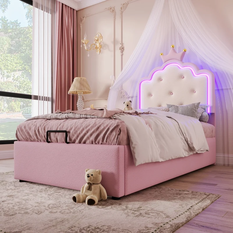 Letto per bambini 90x200 cm imbottito rosa con rete a doghe; contenitore idraulico e luce LED