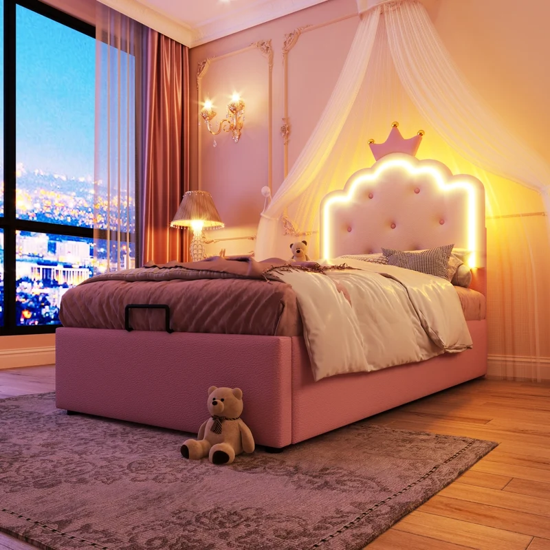 Letto per bambini 90x200 cm imbottito rosa con rete a doghe; contenitore idraulico e luce LED