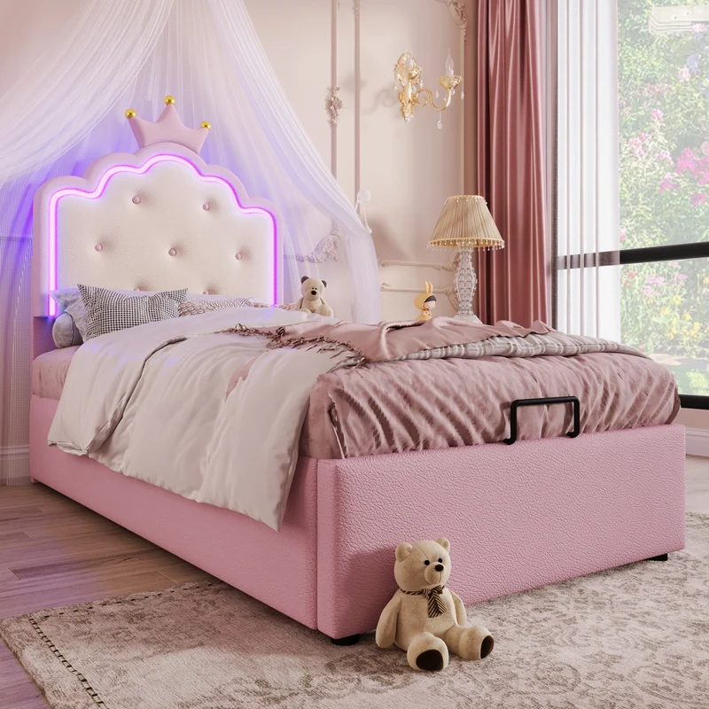 Letto per bambini 90x200 cm imbottito rosa con rete a doghe; contenitore idraulico e luce LED