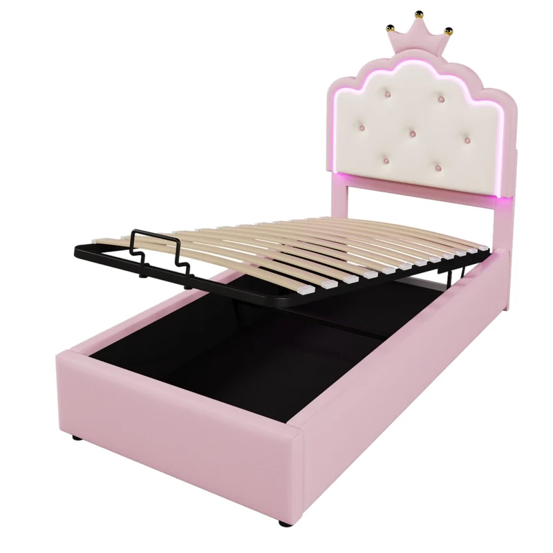 Letto per bambini 90x200 cm imbottito rosa con rete a doghe; contenitore idraulico e luce LED
