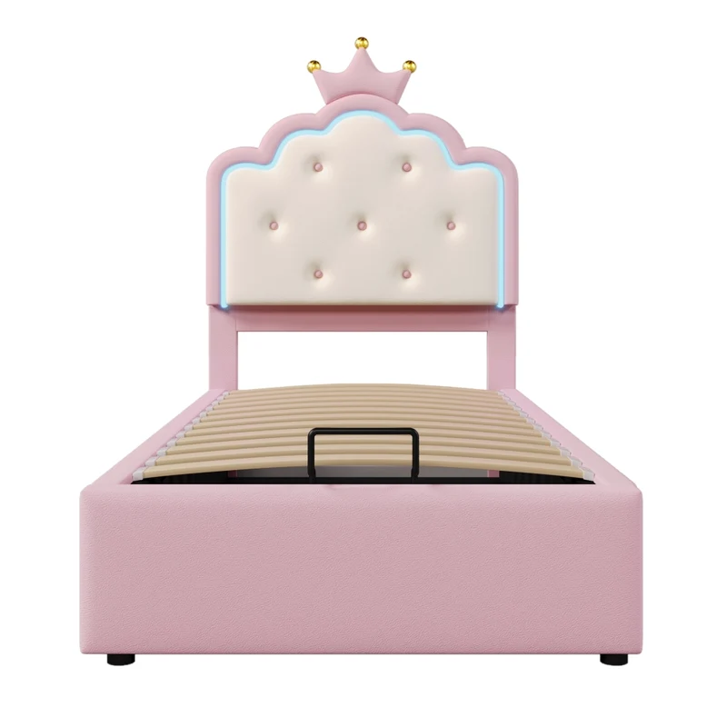 Letto per bambini 90x200 cm imbottito rosa con rete a doghe; contenitore idraulico e luce LED
