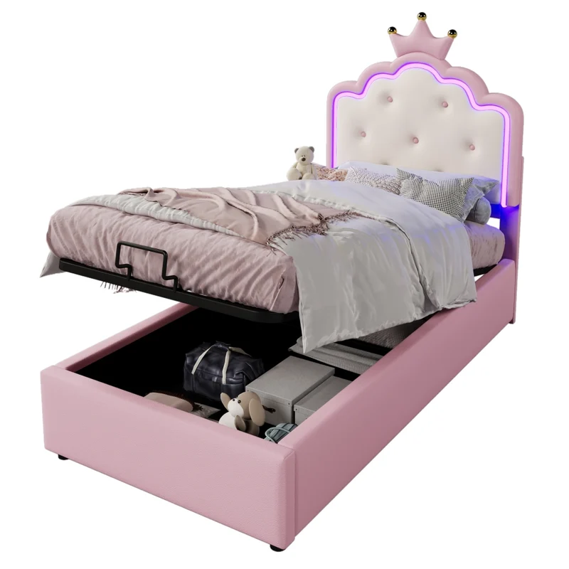 Letto per bambini 90x200 cm imbottito rosa con rete a doghe; contenitore idraulico e luce LED