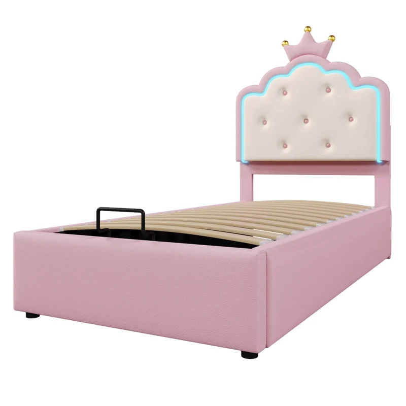 Letto per bambini 90x200 cm imbottito rosa con rete a doghe; contenitore idraulico e luce LED