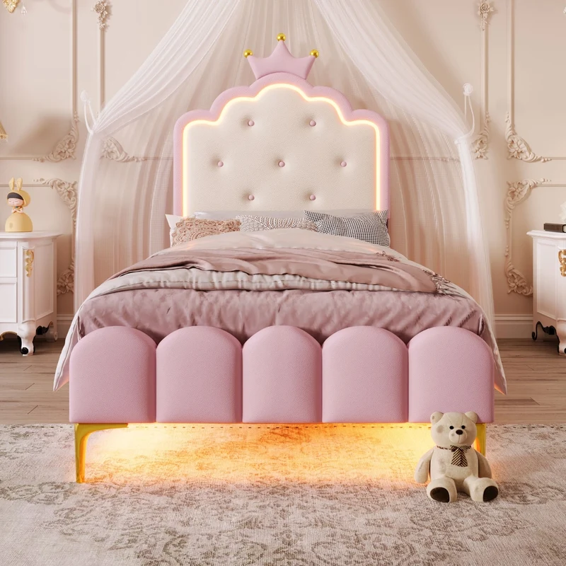 Letto imbottito rosa 90x200 cm con rete a doghe; luce LED e design a corona