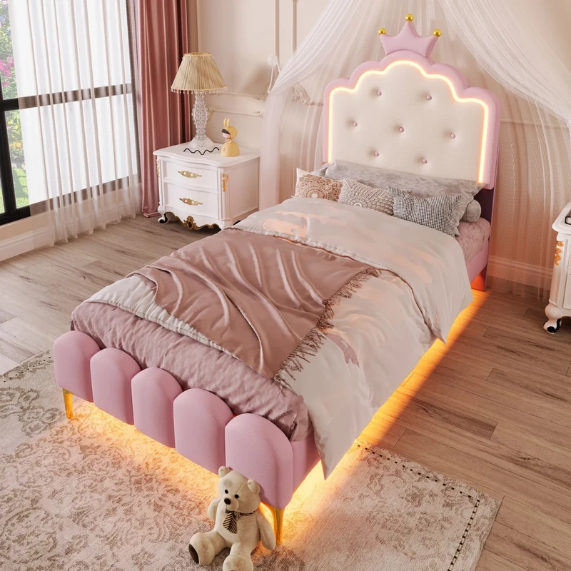 Letto imbottito rosa 90x200 cm con rete a doghe; luce LED e design a corona