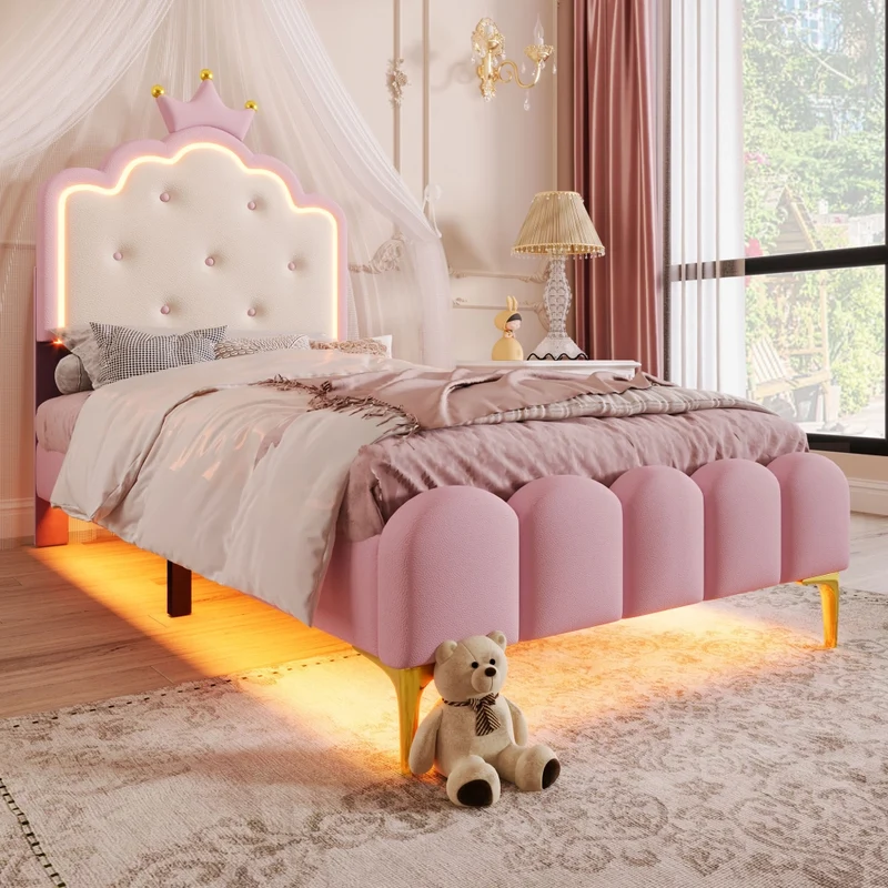 Letto imbottito rosa 90x200 cm con rete a doghe; luce LED e design a corona