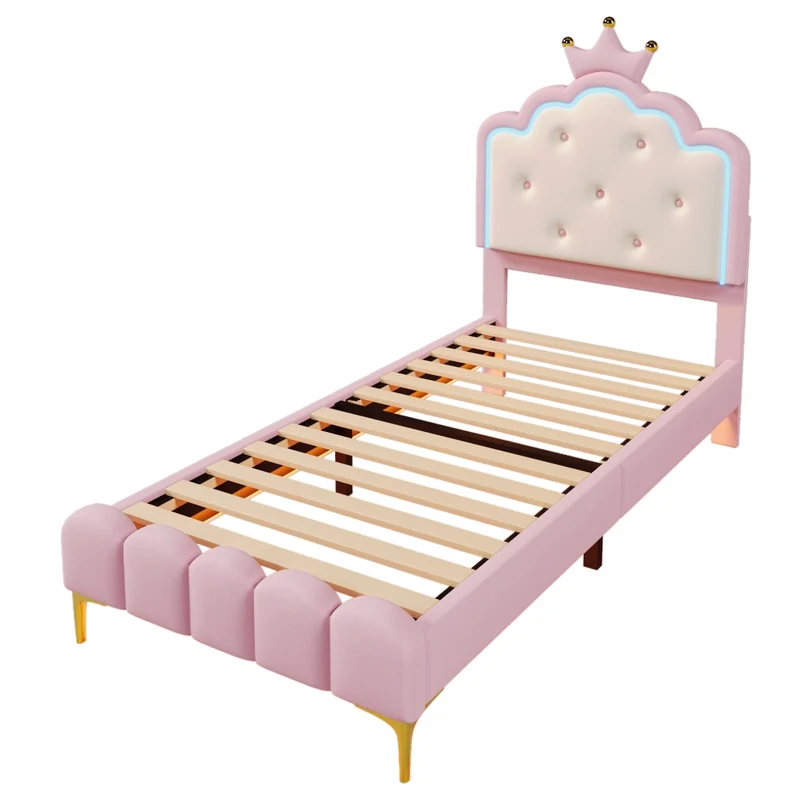 Letto imbottito rosa 90x200 cm con rete a doghe; luce LED e design a corona