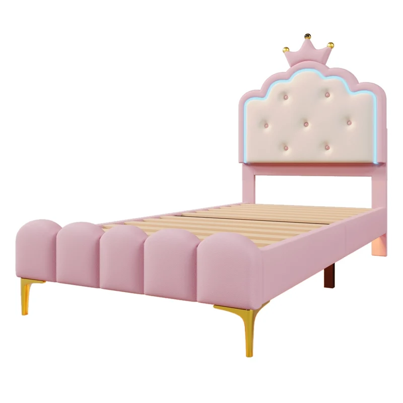 Letto imbottito rosa 90x200 cm con rete a doghe; luce LED e design a corona