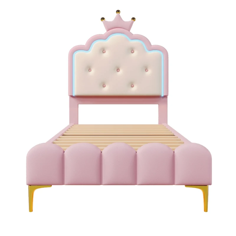 Letto imbottito rosa 90x200 cm con rete a doghe; luce LED e design a corona