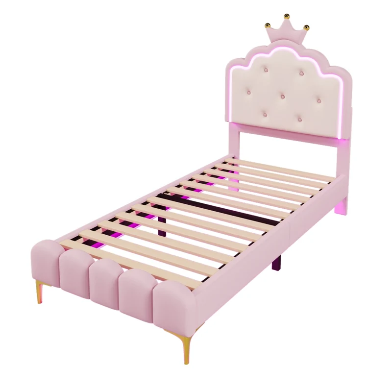 Letto imbottito rosa 90x200 cm con rete a doghe; luce LED e design a corona