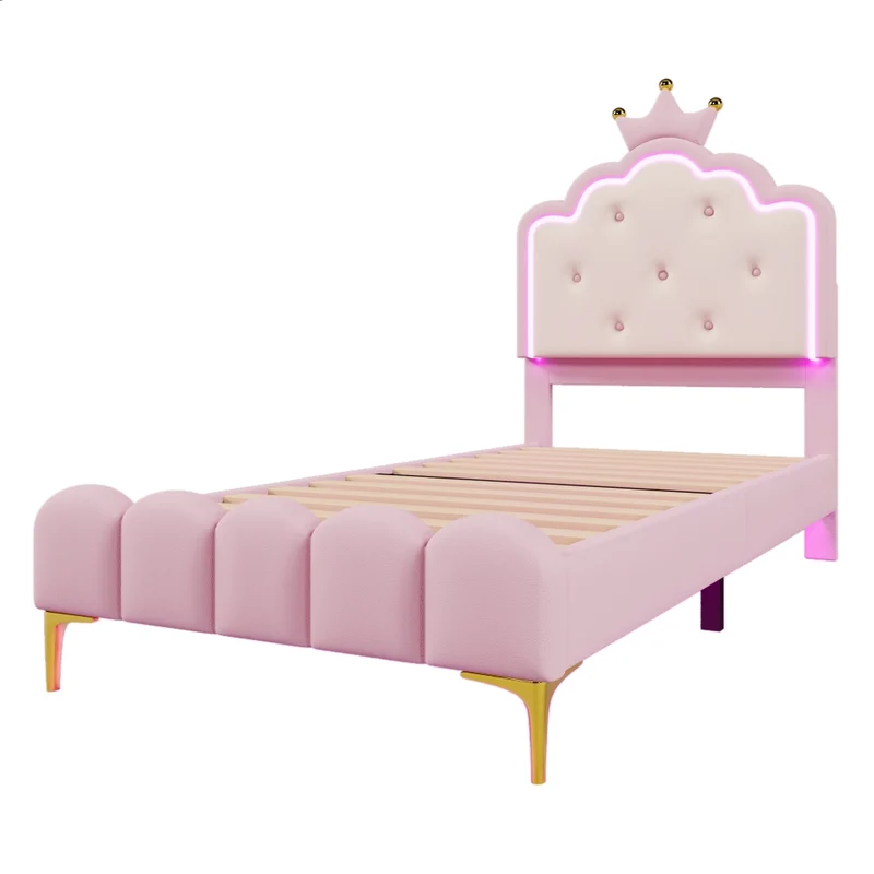 Letto imbottito rosa 90x200 cm con rete a doghe; luce LED e design a corona