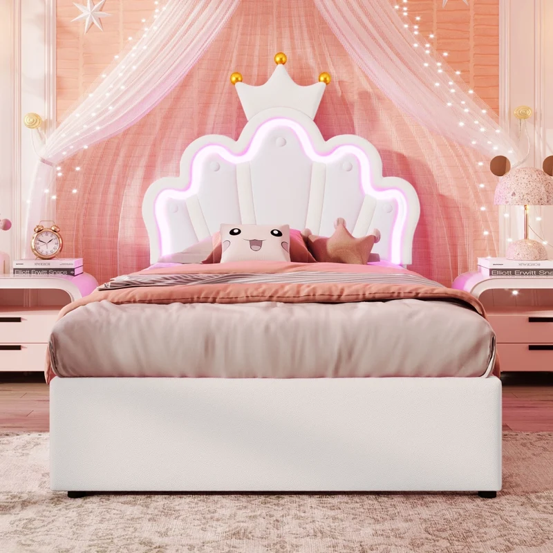 Letto per bambini 90x200 cm a forma di corona; imbottito in PU bianco con LED e cassetti