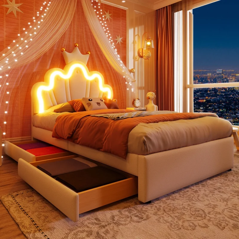 Letto per bambini 90x200 cm a forma di corona; imbottito in PU bianco con LED e cassetti