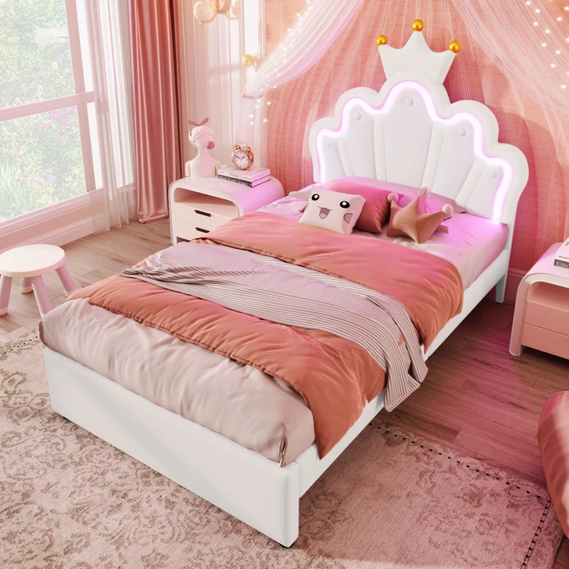 Letto per bambini 90x200 cm a forma di corona; imbottito in PU bianco con LED e cassetti
