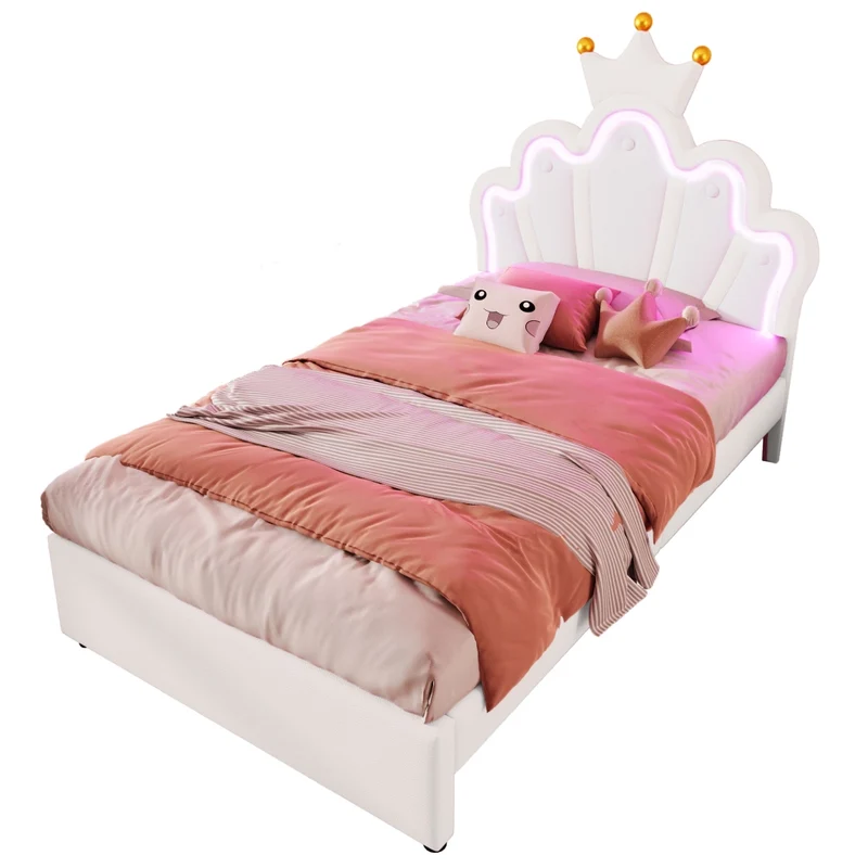 Letto per bambini 90x200 cm a forma di corona; imbottito in PU bianco con LED e cassetti