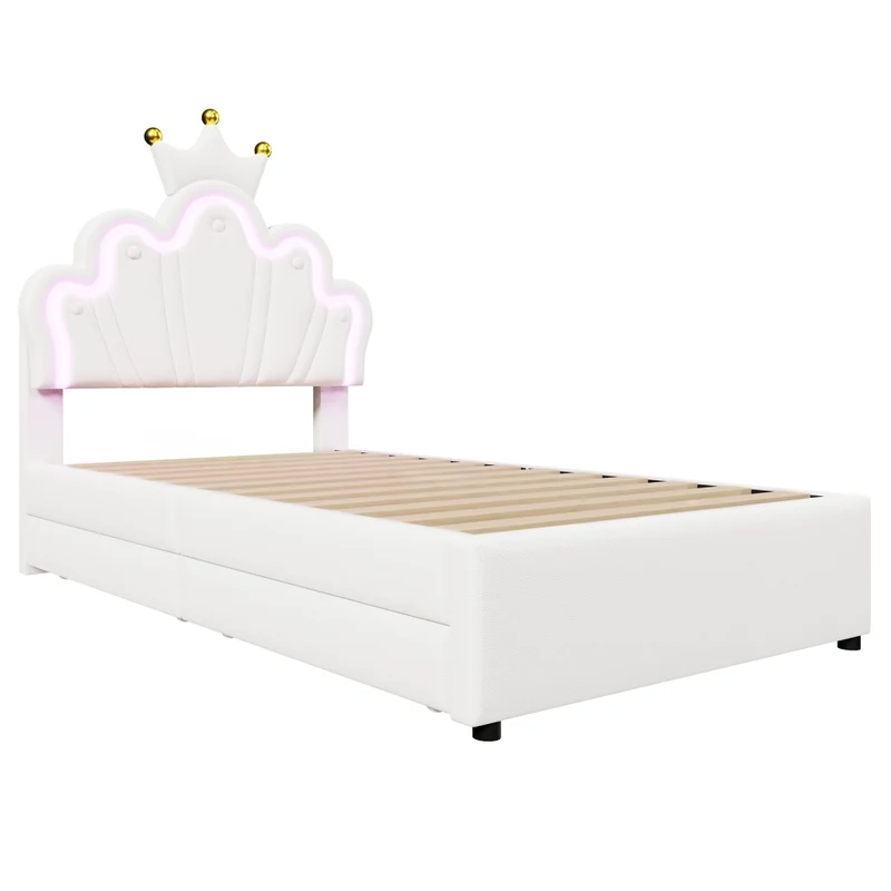 Letto per bambini 90x200 cm a forma di corona; imbottito in PU bianco con LED e cassetti