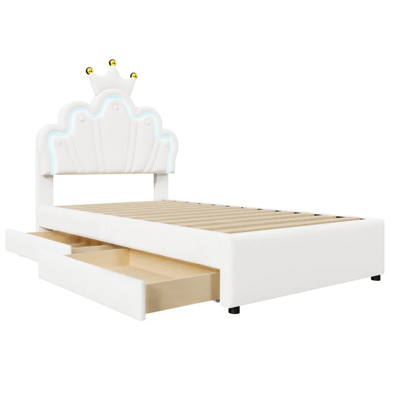 Letto per bambini 90x200 cm a forma di corona; imbottito in PU bianco con LED e cassetti