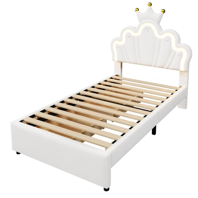 Letto per bambini 90x200 cm a forma di corona; imbottito in PU bianco con LED e cassetti