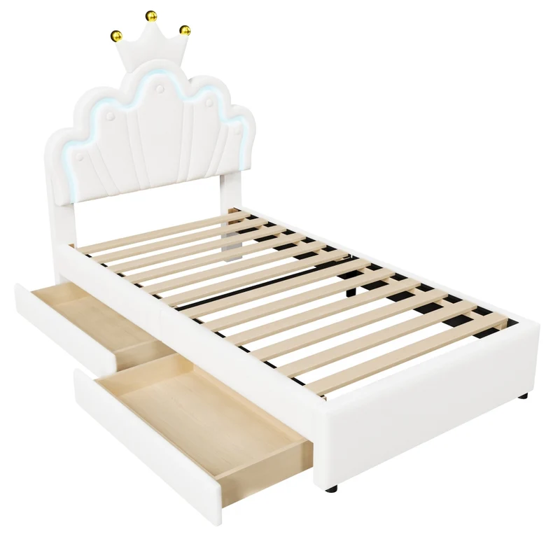 Letto per bambini 90x200 cm a forma di corona; imbottito in PU bianco con LED e cassetti