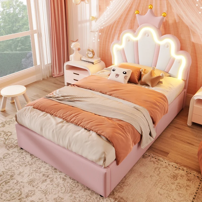 Letto imbottito rosa 90 x 200 cm; letto principessa a forma di corona con contenitore e LED